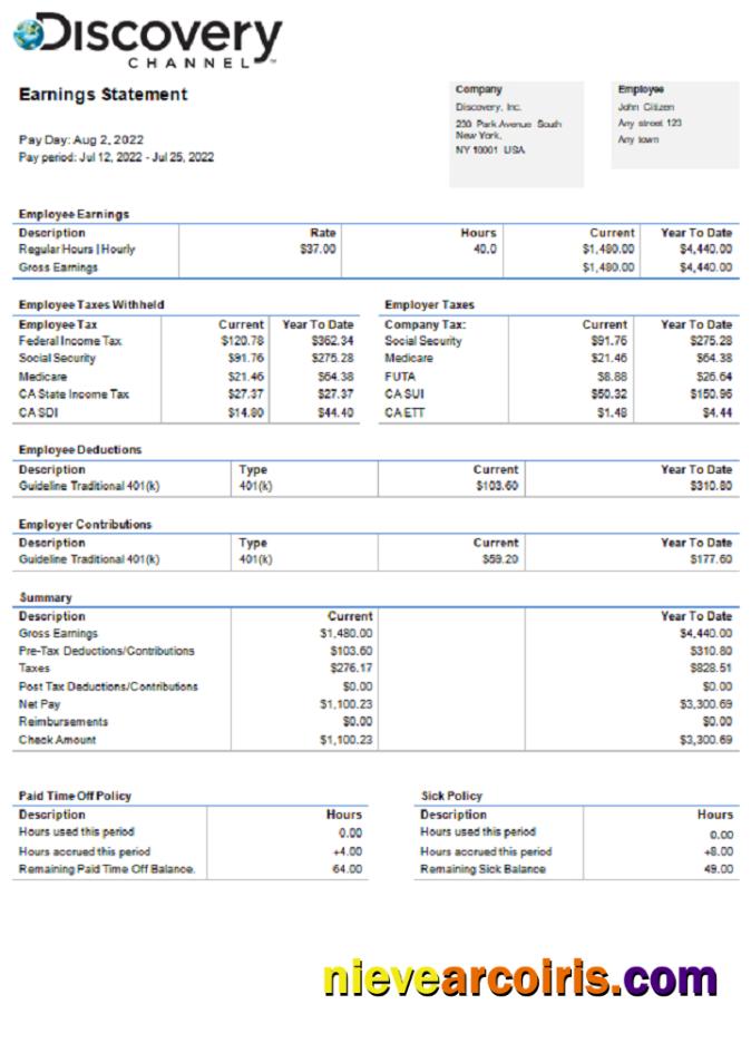 USA Discovery Inc. entertainment company pay stub
